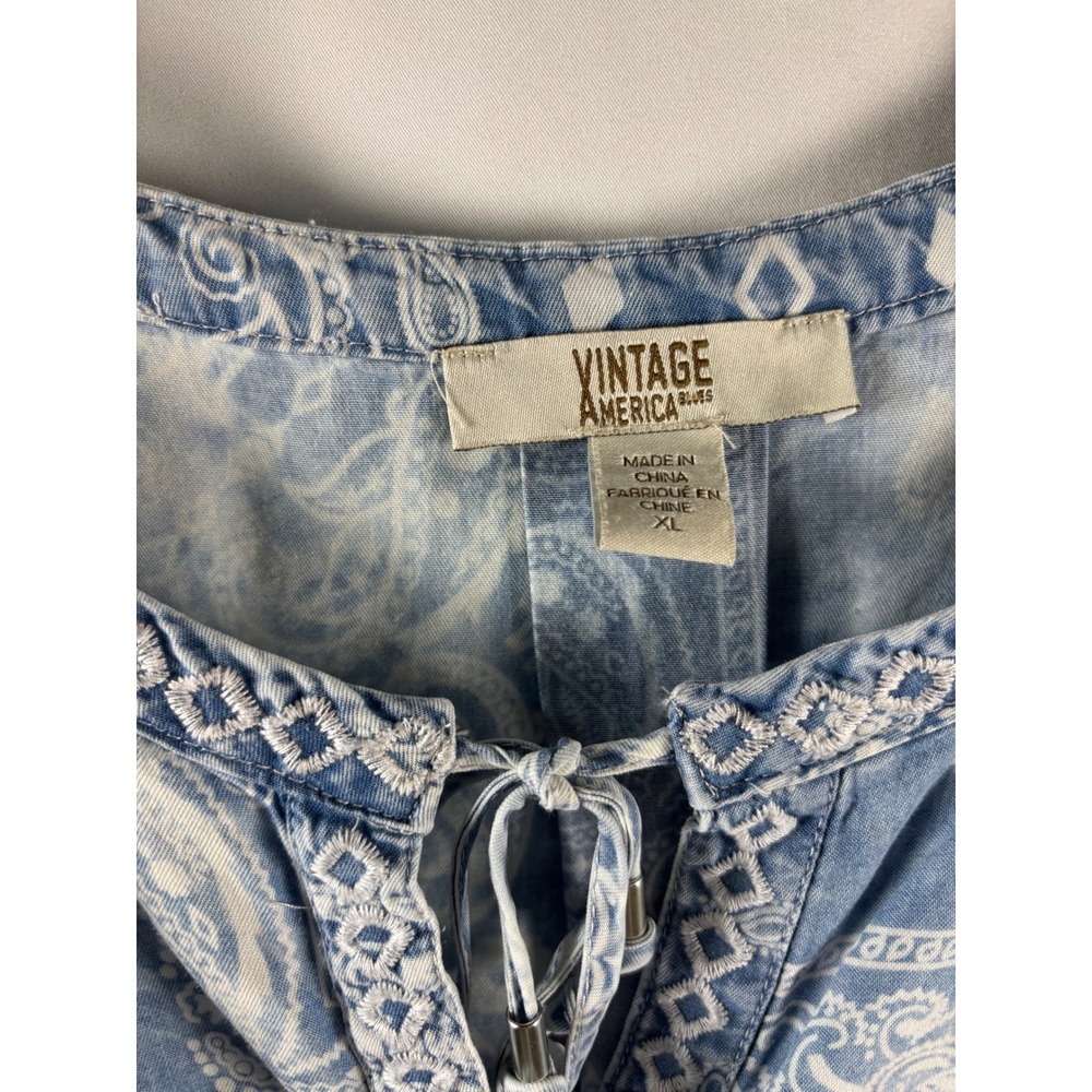 Vintage America Blues Womens XL Blue Paisley Bandana Print Peasant Blouse Top